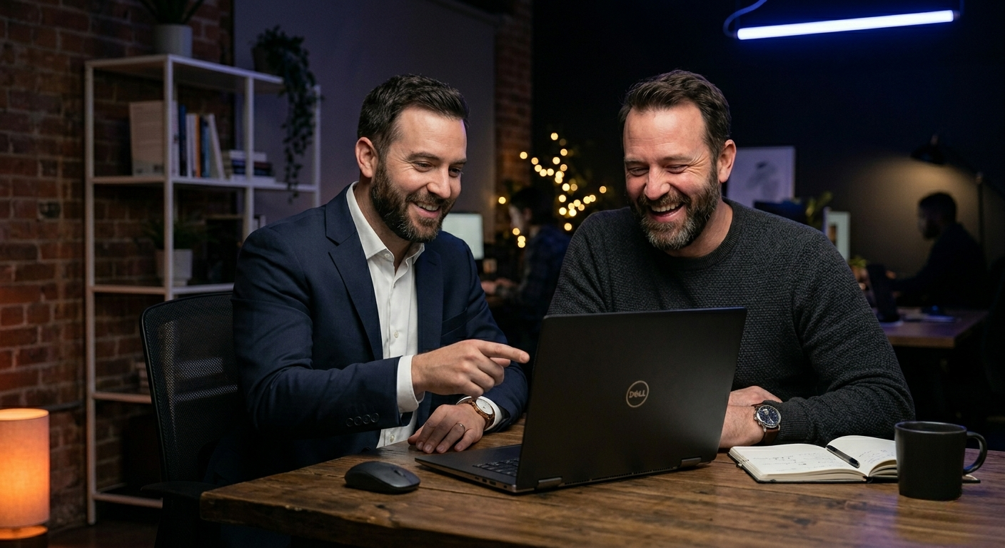 Two professionals reviewing a web development project on a laptop